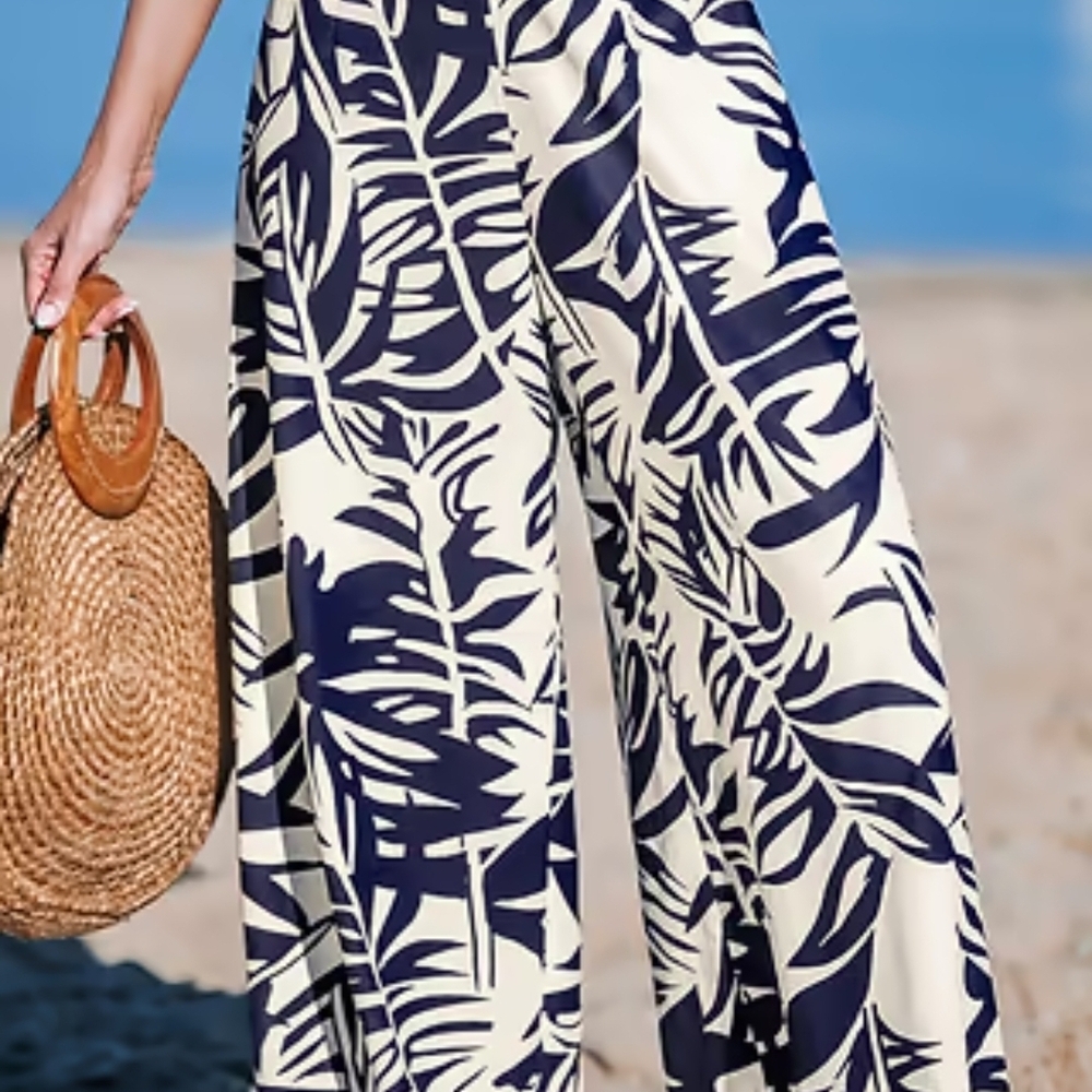 Elegant Navy and White Leaf Print Wide-Leg Pants